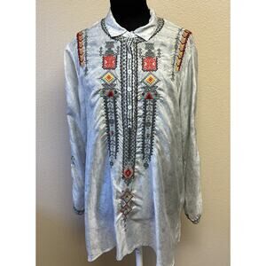 JW Los Angeles Nanoe Embroidered Silk Relaxed Tunic Small Collared South Western